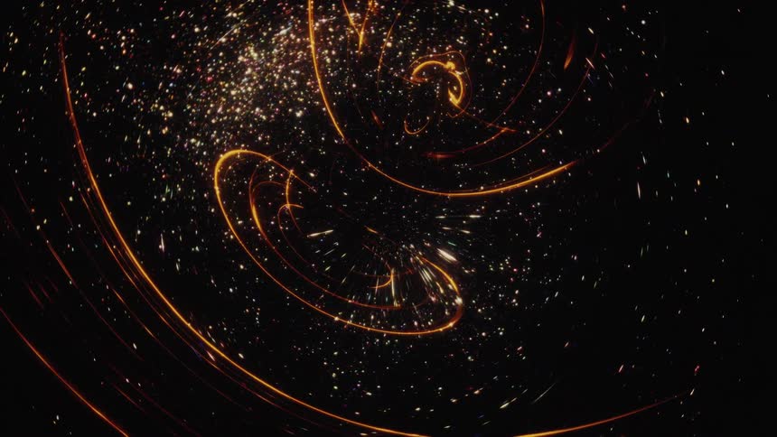 Golden energy streams and sparkling particles create a mesmerizing cosmic journey through a dark universe
