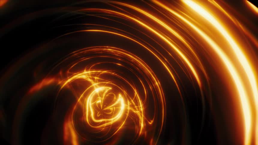 Abstract golden-orange light streaks and swirls, forming mesmerizing concentric rings and a fluid vortex on a black background