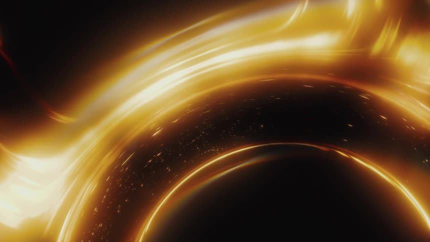 A stunning CGI animation of a supermassive black hole with a glowing golden accretion disk bending light and space
