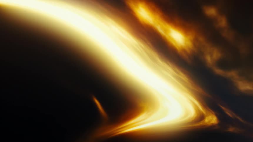 A mesmerizing ribbon of fiery, golden light undulates and flows gracefully against a dark, abstract background