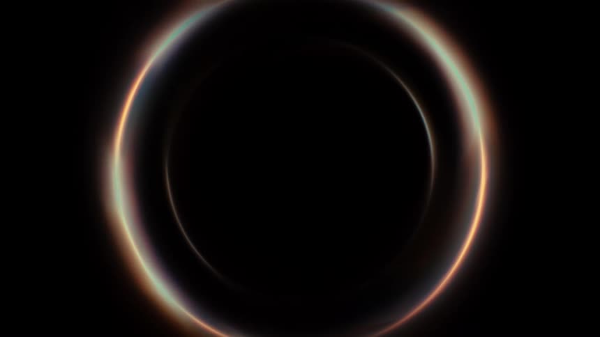 A realistic CGI animation of a glowing supermassive black hole slowly pulling in light and fading into the darkness of space