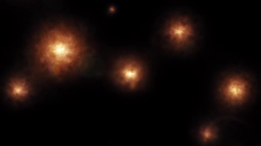 Multiple glowing paparazzi flashbulbs ignite and then slowly fade into darkness