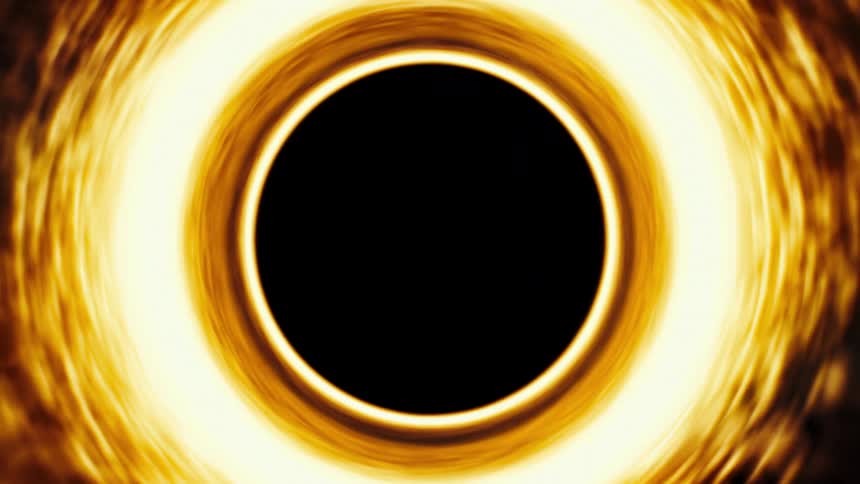 Slow, mesmerizing animation of a cosmic black hole's golden accretion disk forming and swirling in deep space
