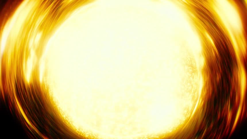 A mesmerizing CGI animation depicts a cosmic transformation as a dark sphere within a golden vortex ignites into a blazing, fiery sun