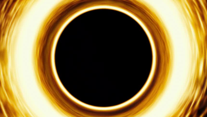 A mesmerizing animated journey into the event horizon of a supermassive black hole surrounded by a swirling, glowing accretion disk