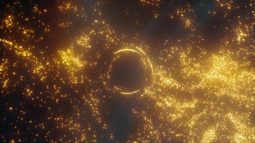 A mesmerizing slow zoom-out from a supermassive black hole, its powerful gravity swirling a brilliant golden accretion disk of cosmic matter
