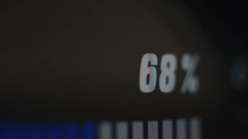 A close-up of a digital percentage counter quickly loading from 35% to 100% with a progress bar below