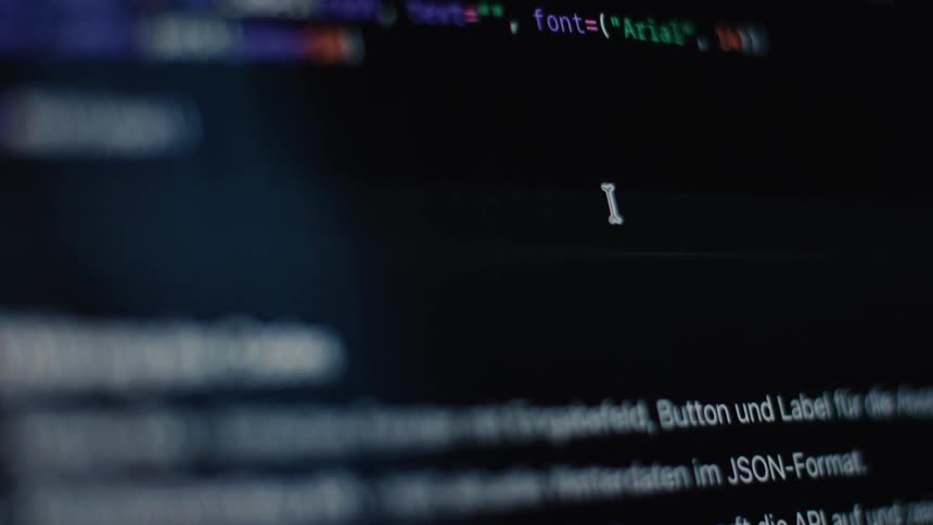A cinematic close-up of a computer screen showing a programmer writing and debugging code