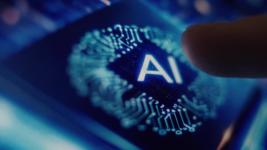 Close-up of a finger touching a glowing blue AI brain circuit icon on a futuristic digital display