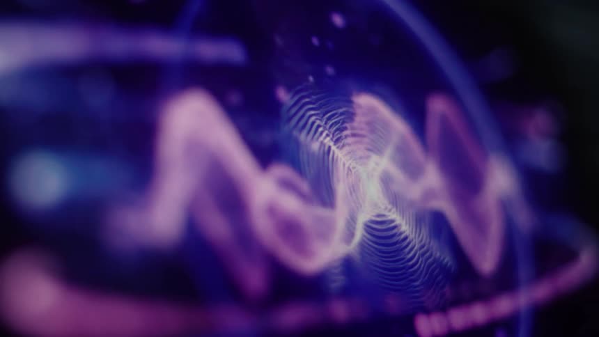 A hypnotic, abstract visualization of a vibrant purple and blue energy wave expanding and undulating on a dark background