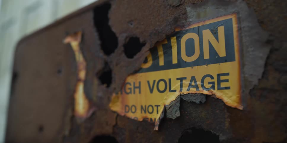 Close up on a decaying 'Caution High Voltage' warning sticker peeling off a heavily rusted and corroded metal box