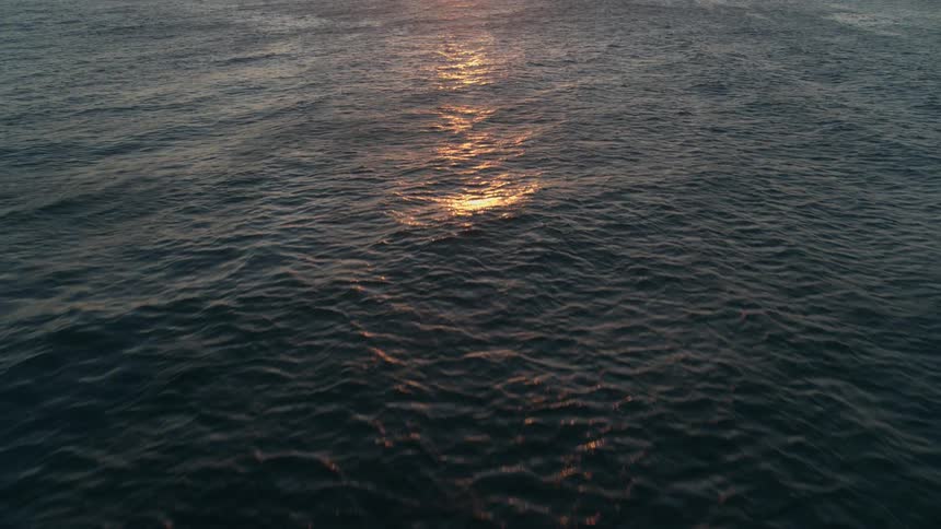 An aerial view of the tranquil ocean as the golden light of the setting sun reflects on the gentle waves