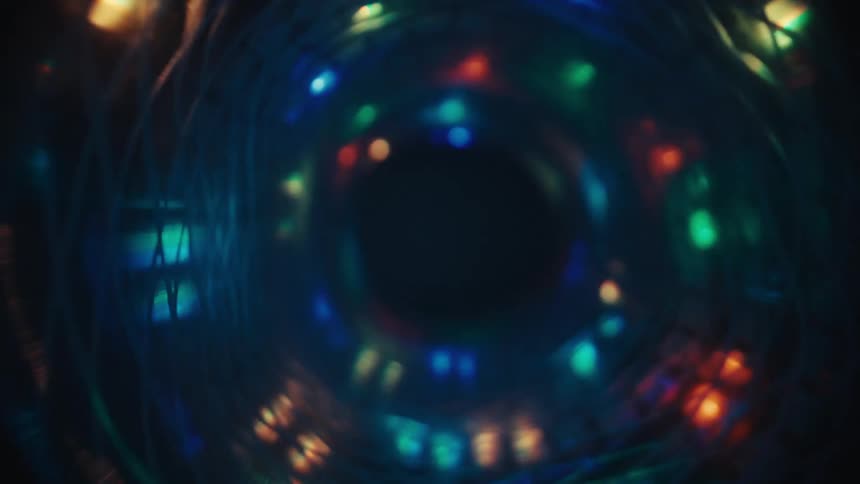 A mesmerizing pullback shot travels through a swirling tunnel of vibrant, out-of-focus colored lights on a dark background