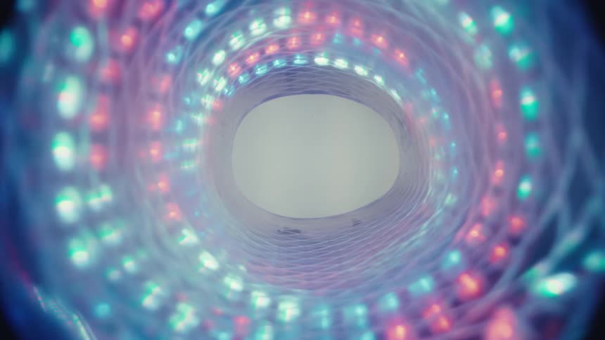 An ethereal slow passage through a vibrant, glowing vortex of multicolored LED lights leading to a bright white opening