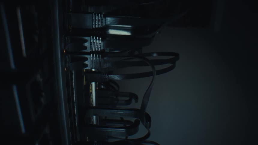 Vertical close-up of ethernet cables plugged into a working server rack in a dark, moody server room