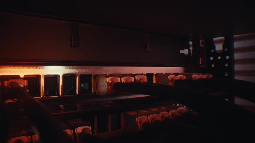 A close-up view of ethernet cables plugged into a network switch in a dark server room with dramatic red lighting