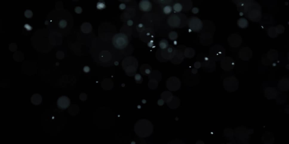 Soft, dreamy snowflakes fall in slow motion with bokeh against a black background
