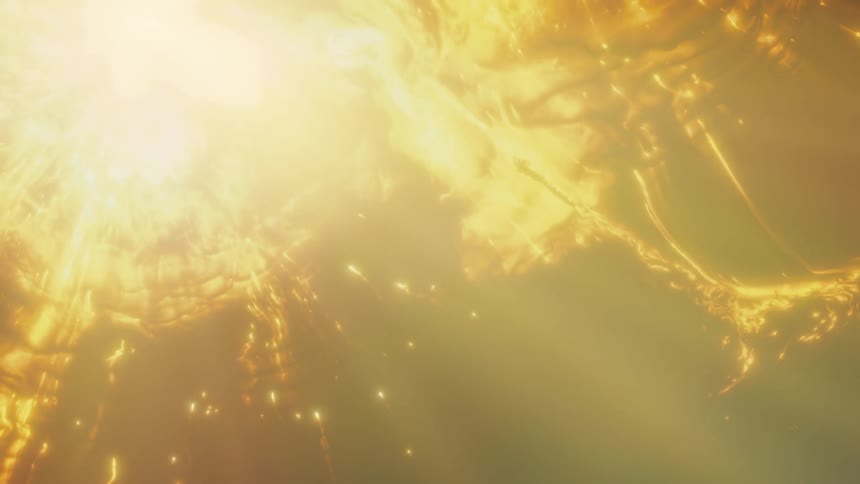A fiery golden sun radiates light and energy, surrounded by sparkling particles in an abstract cosmic scene