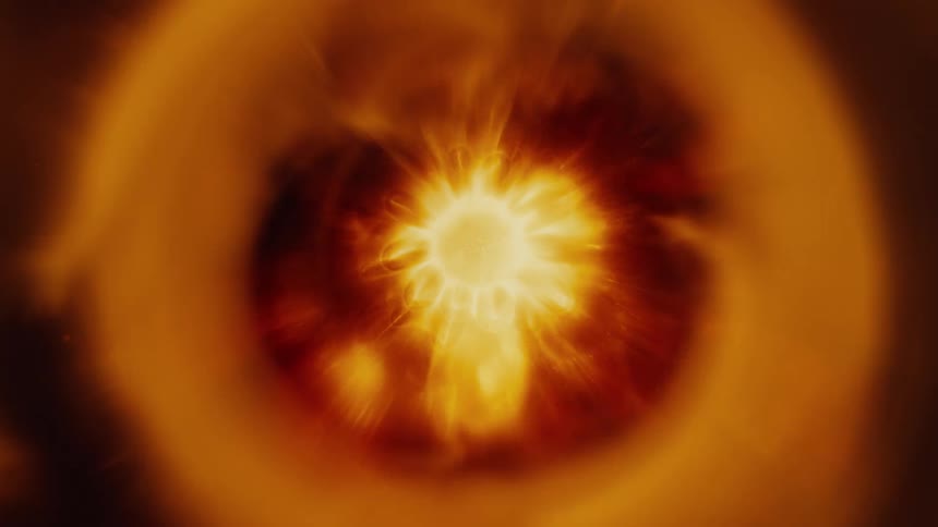 A hypnotic journey pulling back through a fiery, golden vortex revealing a pulsating, sun-like orb