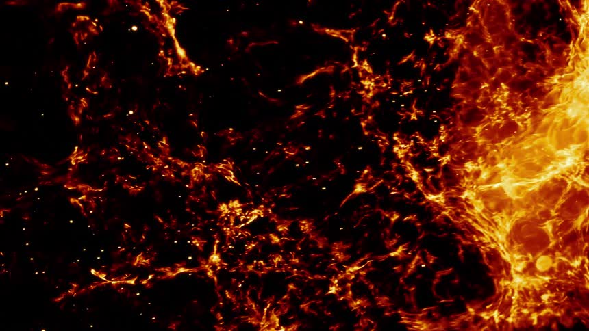 A fiery orange nebula expands through the vastness of deep space, dotted with distant stars