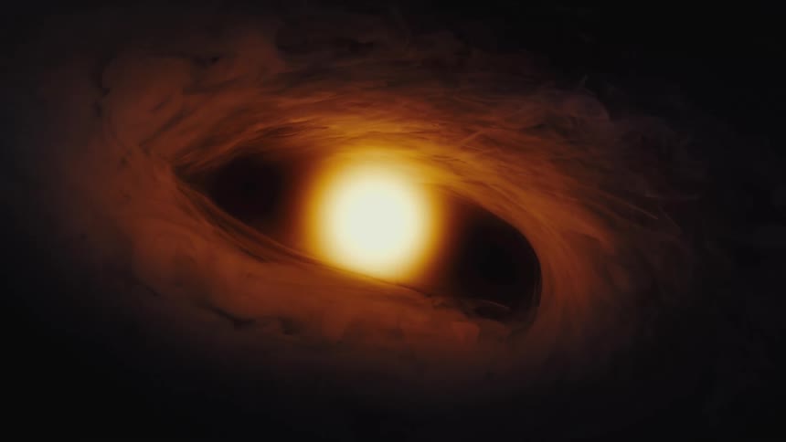 A mysterious golden light glows at the center of a swirling vortex of dark cosmic smoke