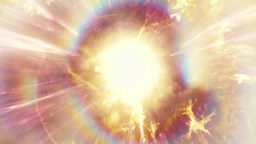 A celestial journey through a fiery, colorful cosmic nebula towards a brilliant, glowing light