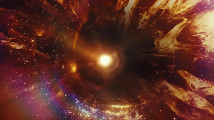 An epic journey through a swirling, star-filled cosmic wormhole towards a bright central light