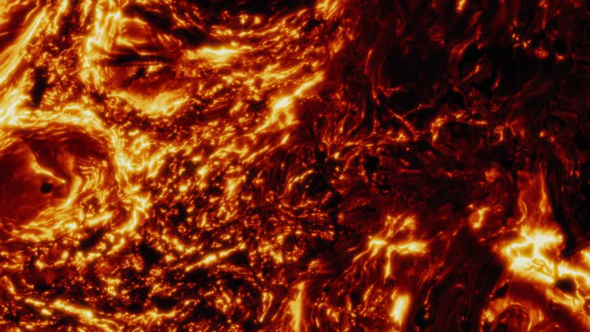 An intense top-down view of a fiery, glowing abstract substance that resembles flowing lava