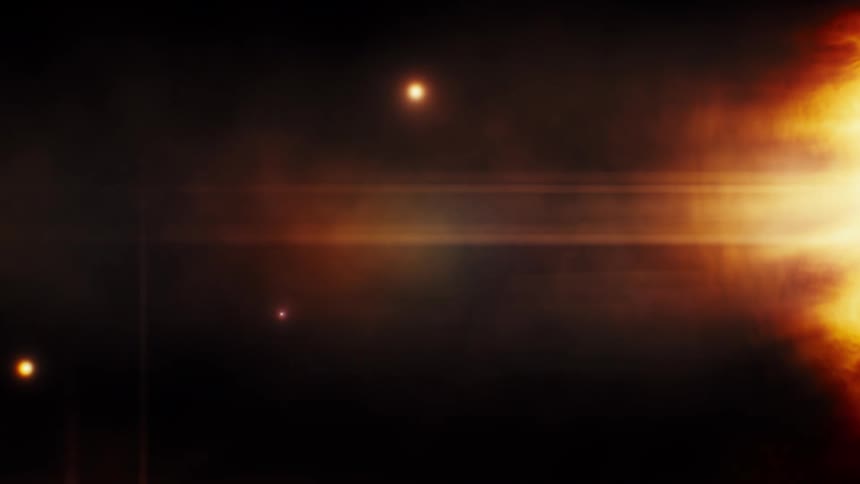 A brilliant sun shines with an orange lens flare in the dark cosmos, surrounded by distant stars