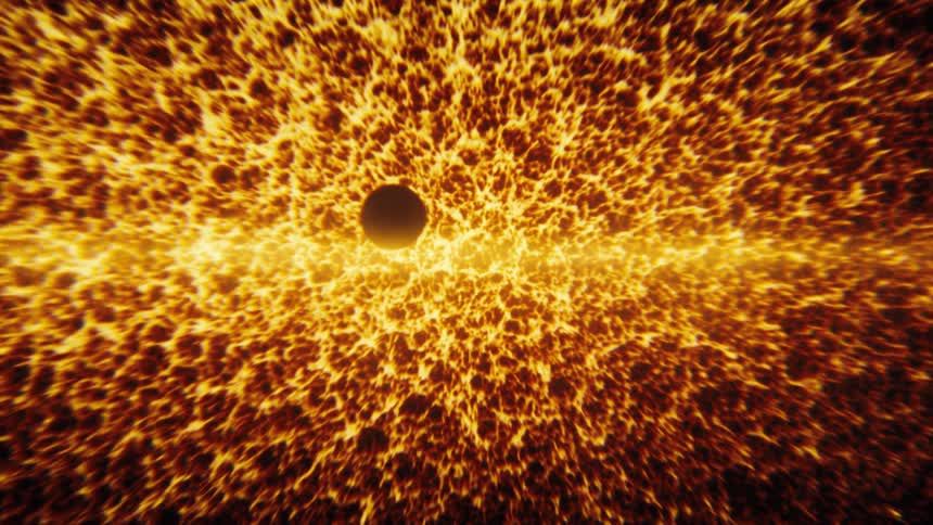 A dark planet slowly drifts through a vibrant, fiery, and textured cosmic nebula in deep space