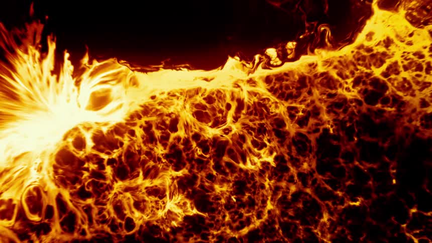 A fiery and mesmerizing abstract background of molten liquid forming a web-like pattern in a seamless loop