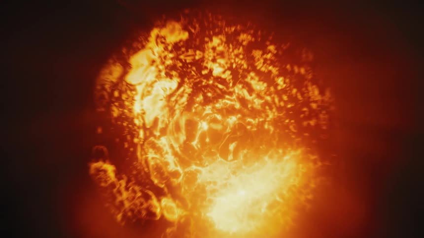 A slow zoom reveals a dying star or cooling planet, its fiery surface glowing with intense heat before gradually darkening
