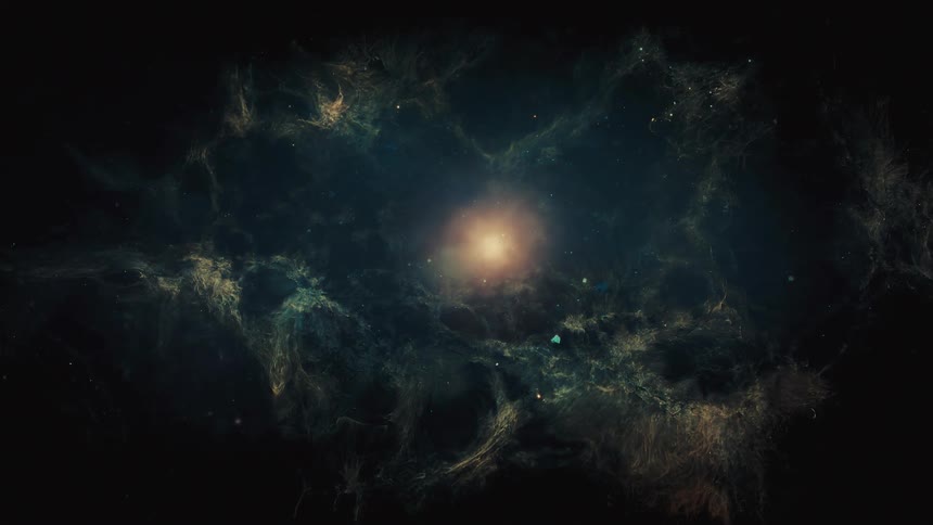 A slow, majestic flight through a colorful nebula in deep space towards a bright, central star