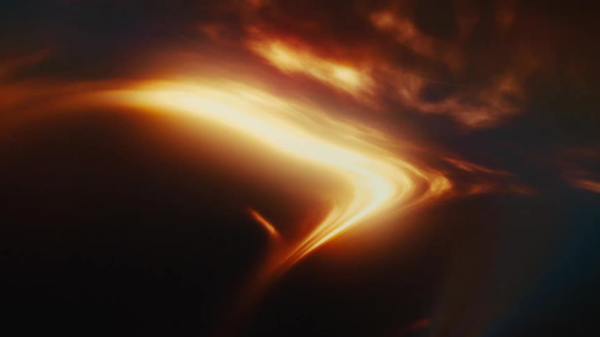 A glowing, fiery wisp of abstract energy dances and transforms in the darkness