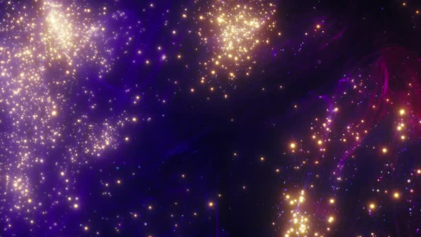 Slowly drifting through a vibrant purple and gold galaxy with sparkling stars and ethereal nebula clouds