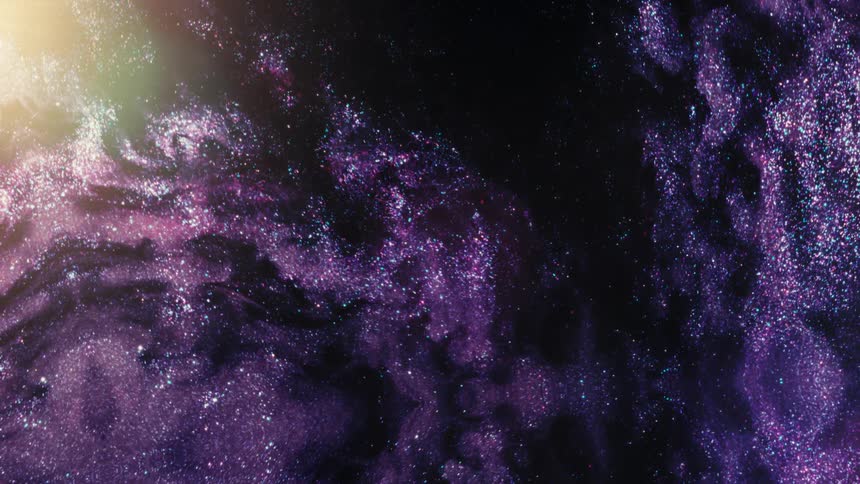 Ethereal purple starfield emerges from cosmic dust with a bright celestial light in the background
