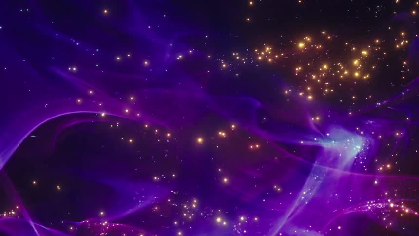 Ethereal purple cosmic clouds swirl around shimmering golden particles in deep space