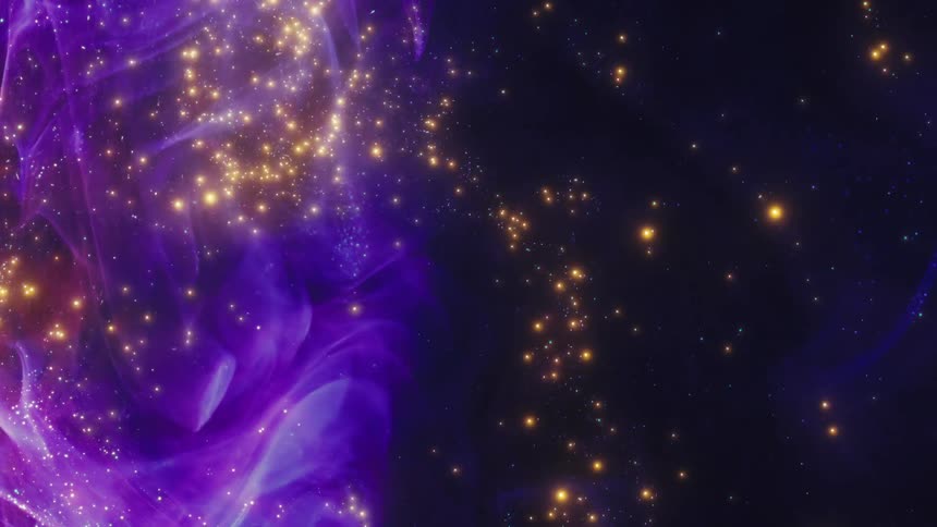 A magical stream of golden particles flows from a vibrant purple nebula in the vastness of space