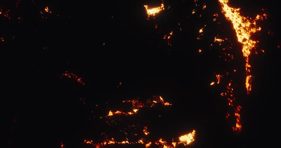 A dramatic top-down view of glowing cracks of hot lava breaking through a black, hardened crust at night