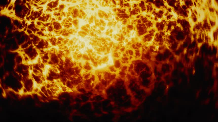 An intense abstract background of fiery, molten, web-like patterns pulsates with glowing energy