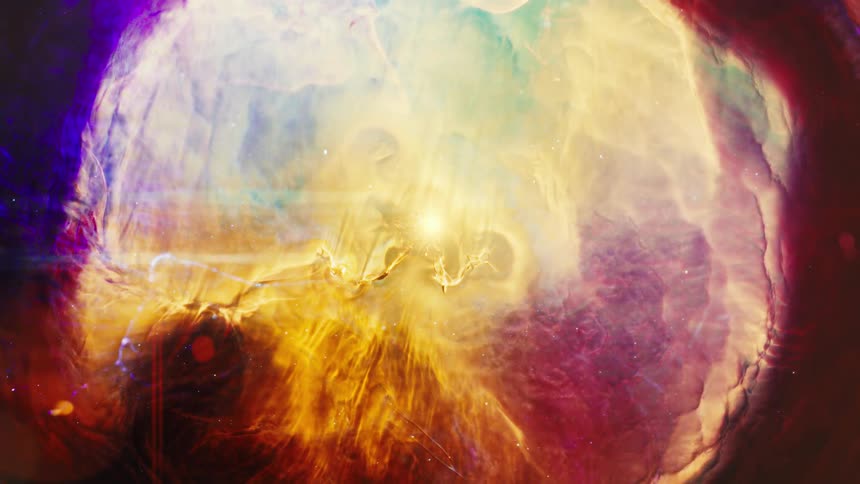 Ethereal clouds of cosmic gas and dust in vibrant shades of yellow, purple, and magenta drift through space