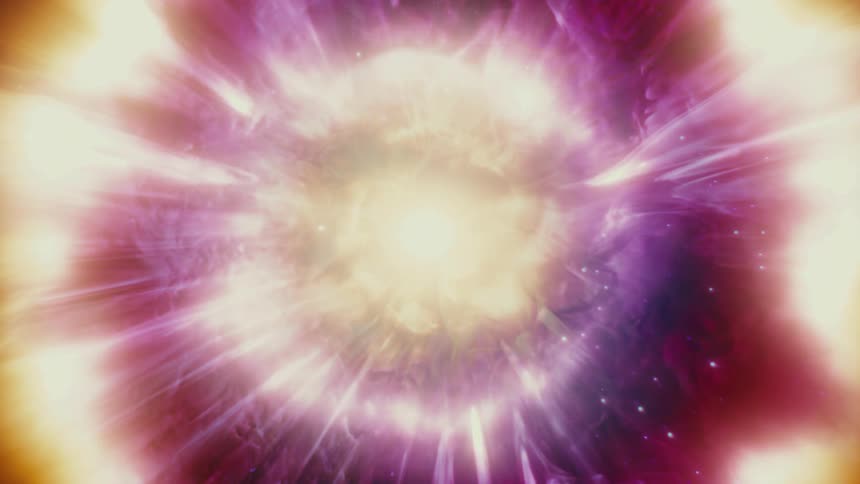 An abstract animation shows a brilliant point of light expanding into a vibrant purple and orange cosmic nebula