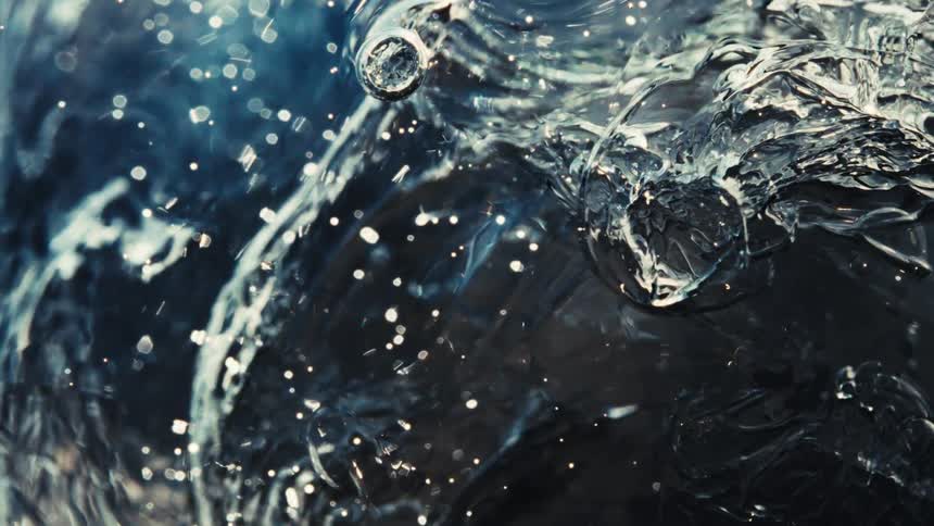 A mesmerizing macro shot of dark, sparkling water slowly freezing into intricate ice formations in super slow motion