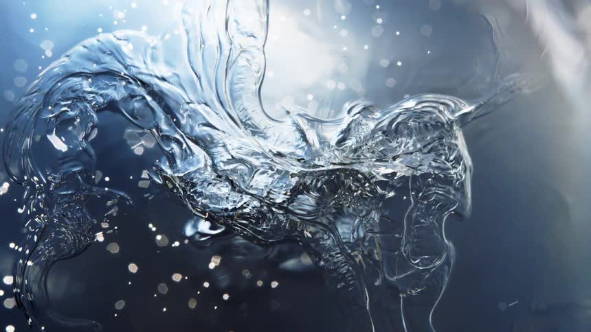 Ethereal blue water slowly freezes, forming intricate ice crystals against a sparkling bokeh background