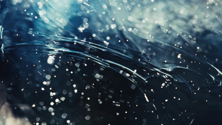 A mesmerizing slow-motion macro shot of shimmering particles flowing through dark blue liquid waves like a cosmic galaxy
