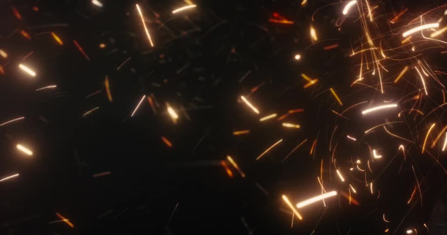 A vibrant cascade of glowing golden sparks and light trails swirls dynamically against a solid black background