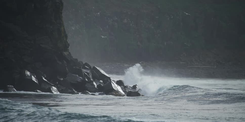 Dramatic slow motion shot of powerful ocean waves crashing against a rugged, misty coastline as seabirds fly overhead