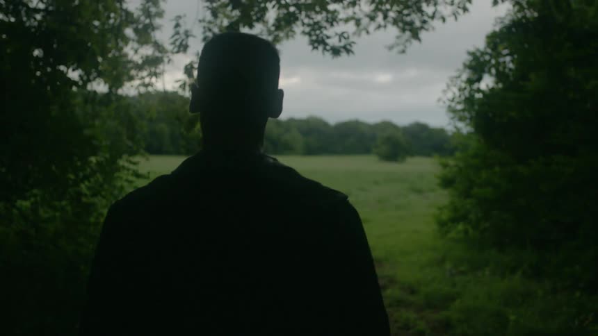 A man walks out of a stand of trees into a clearing