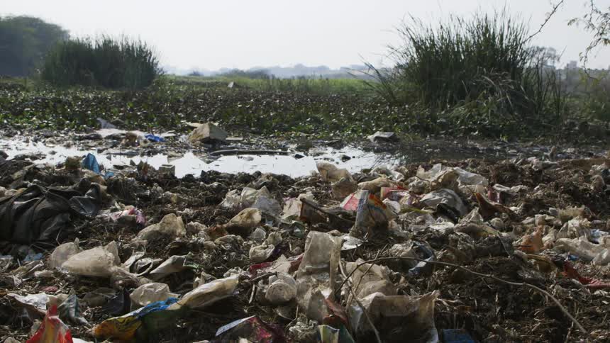 A large area covered in garbage and waste