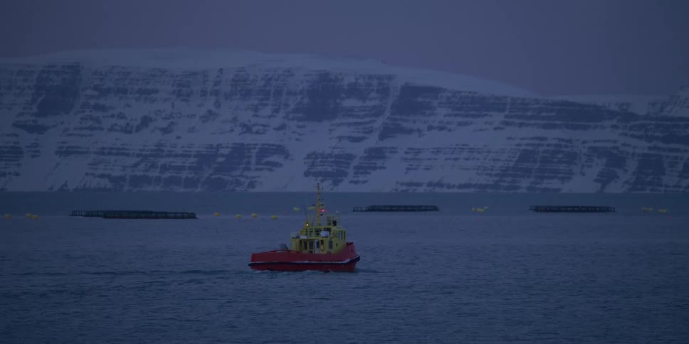 A brightly colored workboat navigates a calm, icy fjord at twilight, with snow-covered mountains looming in the background